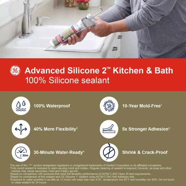 GE Advanced Silicone Caulk for Kitchen & Bathroom - 100% Waterproof Silicone Sealant, 5X Stronger Adhesion, Shrink & Crack Proof - 10 oz Cartridge, White, Pack of 1 - Image 3